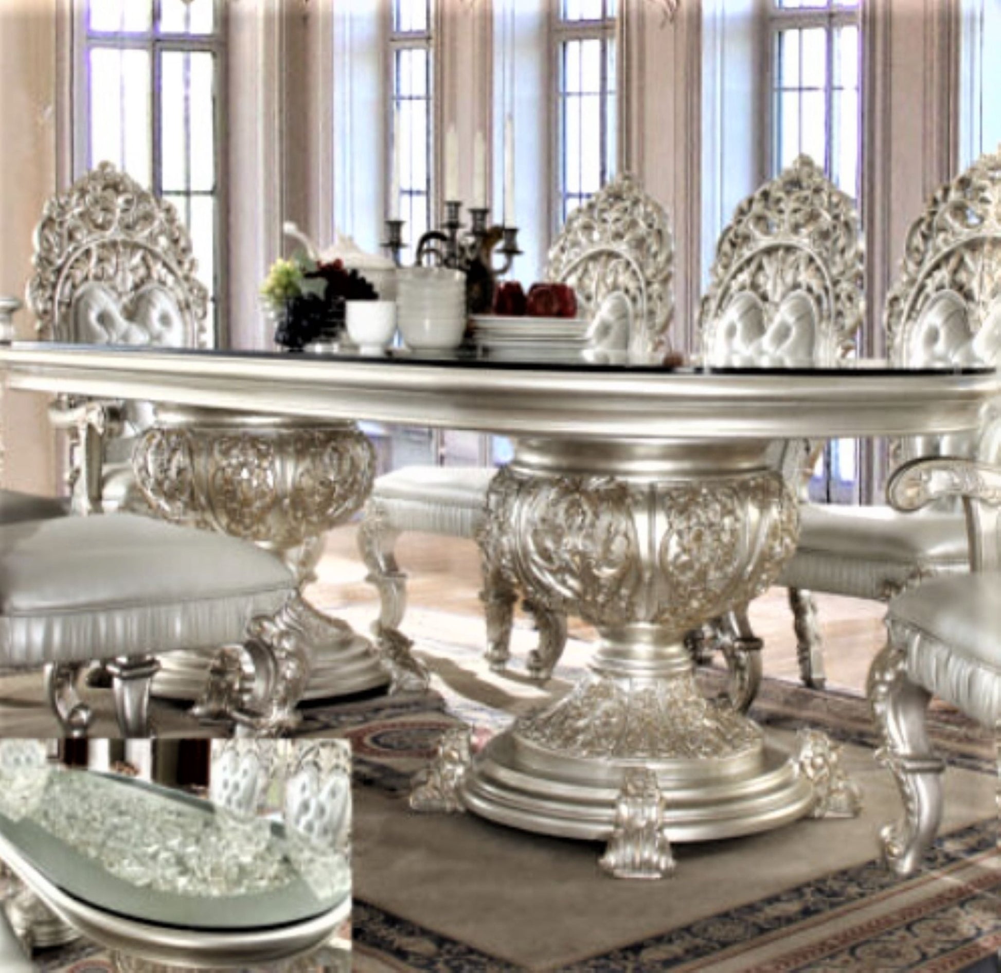 Magnisy Hand Carved European 8 Seater Dining Table Set by Hibashi Furniture – handcrafted solid wood furniture made in India