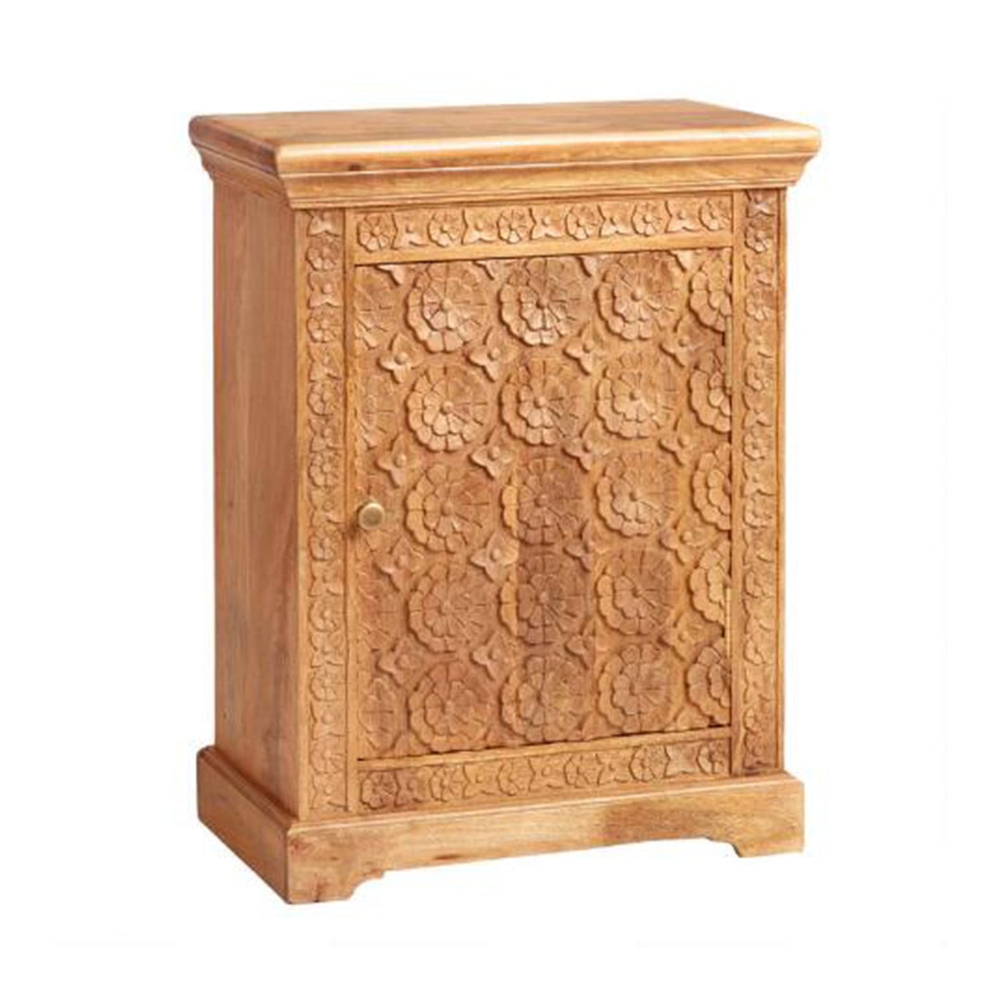 Mahooz Natural Floral Hand Carved Wood Side Table – handcrafted solid wood furniture