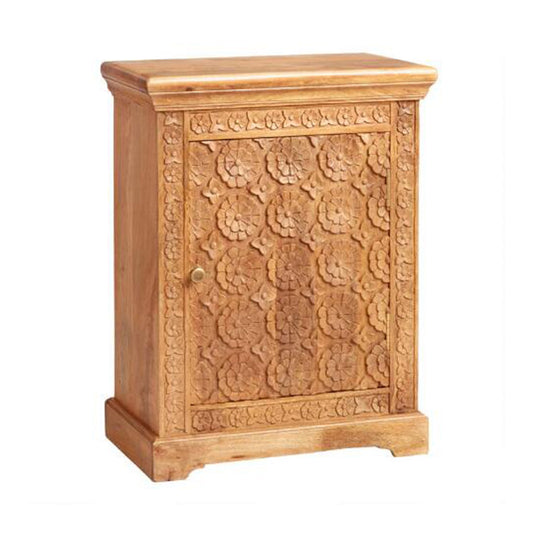 Mahooz Natural Floral Hand Carved Wood Side Table by Hibashi Furniture – handcrafted solid wood furniture made in India