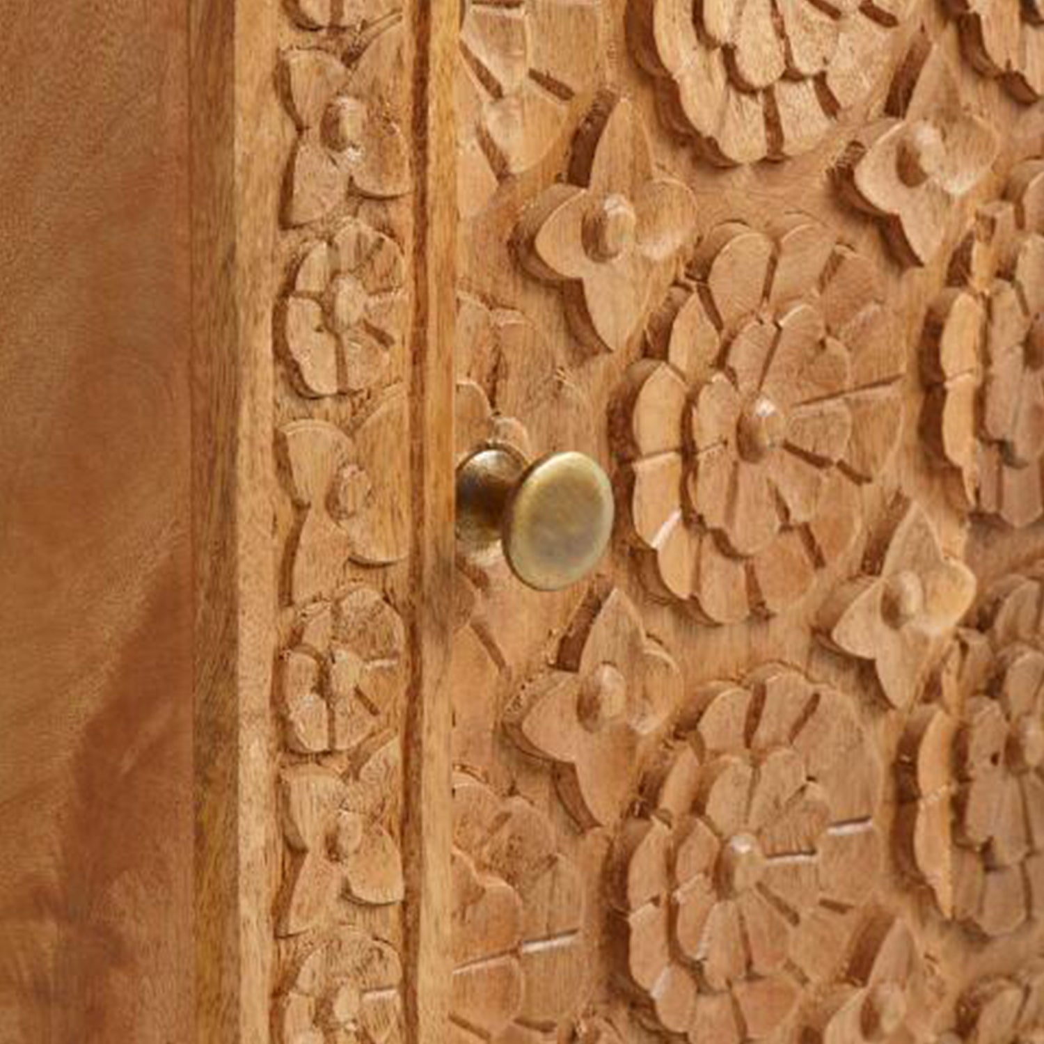 Mahooz Natural Floral Hand Carved Wood Side Table – handcrafted solid wood furniture