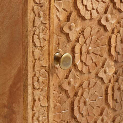 Mahooz Natural Floral Hand Carved Wood Side Table – handcrafted solid wood furniture