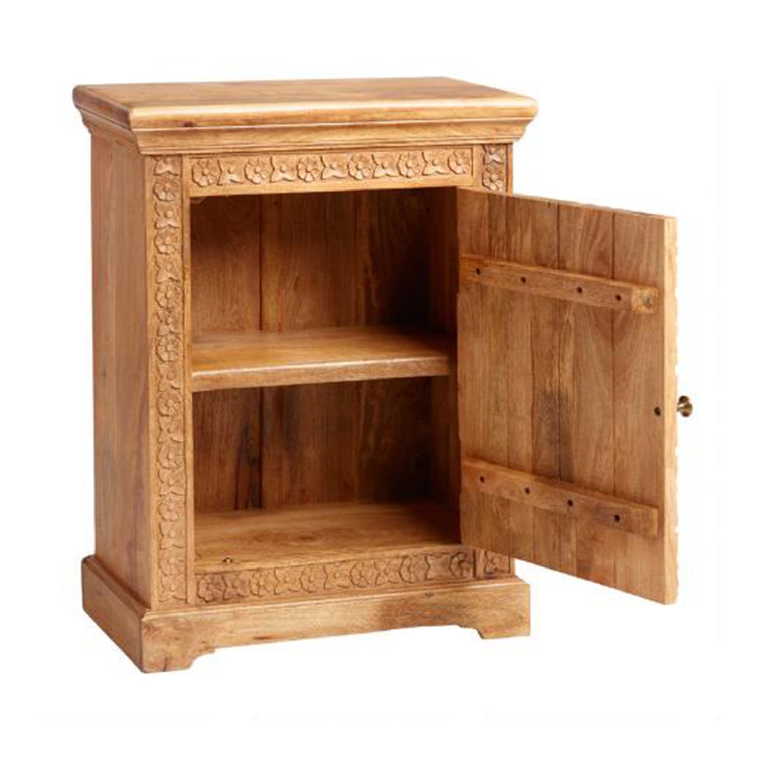 Mahooz Natural Floral Hand Carved Wood Side Table – handcrafted solid wood furniture