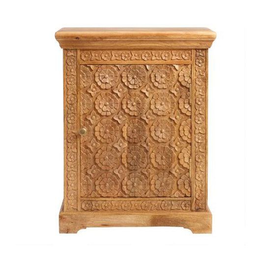 Mahooz Natural Floral Hand Carved Wood Side Table by Hibashi Furniture – handcrafted solid wood furniture made in India