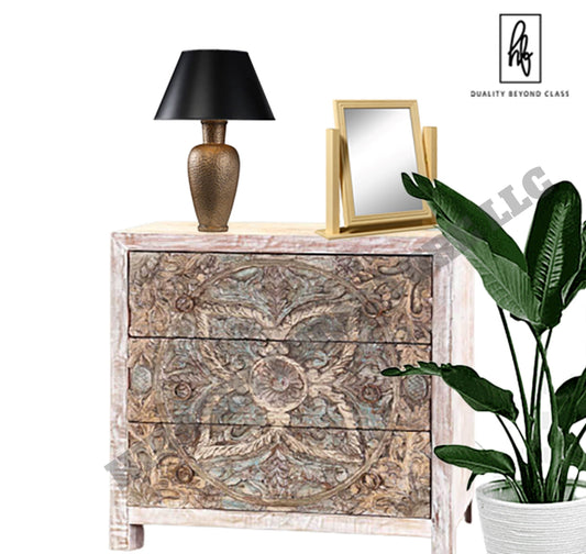 Majestic Floral Hand Carved Mango Wood Small White Dresser with 3 Drawers - HF Commercial Furniture