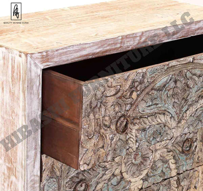 Majestic Floral Hand Carved Mango Wood Small White Dresser with 3 Drawers – handcrafted solid wood furniture