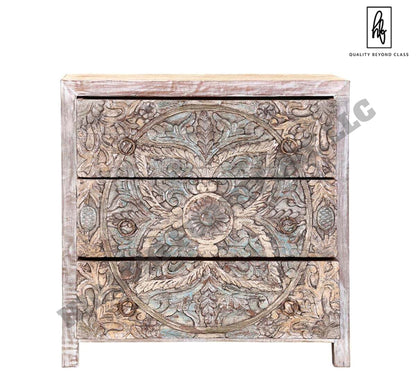 Majestic Floral Hand Carved Mango Wood Small White Dresser with 3 Drawers – handcrafted solid wood furniture