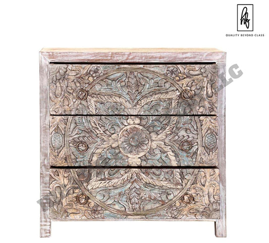 Majestic Floral Hand Carved Mango Wood Small White Dresser with 3 Drawers - HF Commercial Furniture
