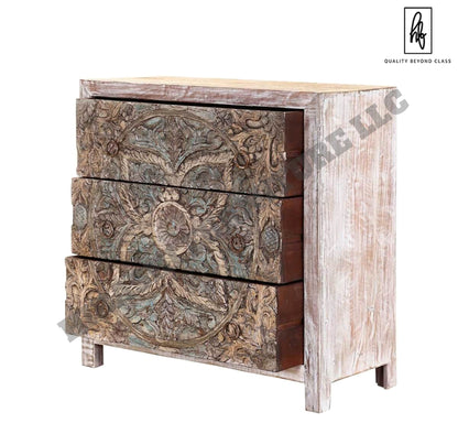 Majestic Floral Hand Carved Mango Wood Small White Dresser with 3 Drawers – handcrafted solid wood furniture