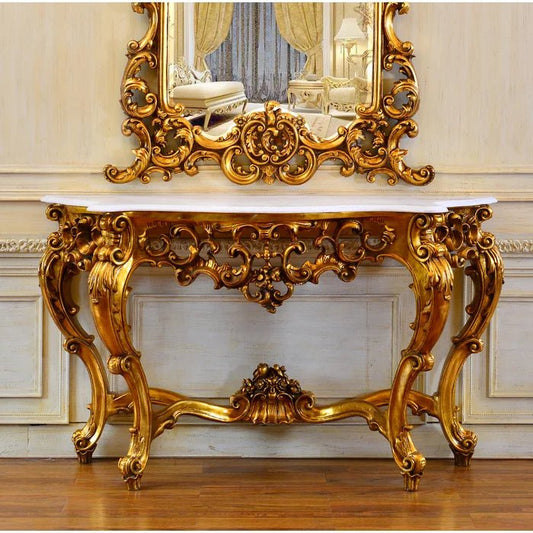 Majestic Hand Carved Solid Mango Wood Console Table and Mirror Set by Hibashi Furniture – handcrafted solid wood furniture made in India
