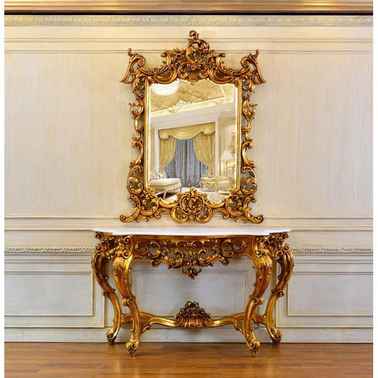 Majestic Hand Carved Solid Mango Wood Console Table and Mirror Set by Hibashi Furniture – handcrafted solid wood furniture made in India