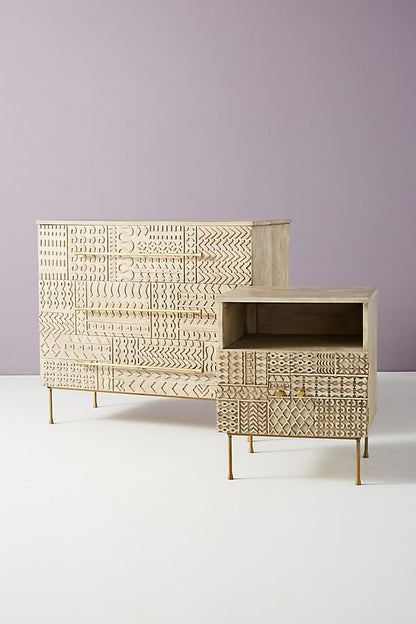 Mango Wood Bedside Table with Carved - Patchwork – handcrafted solid wood furniture