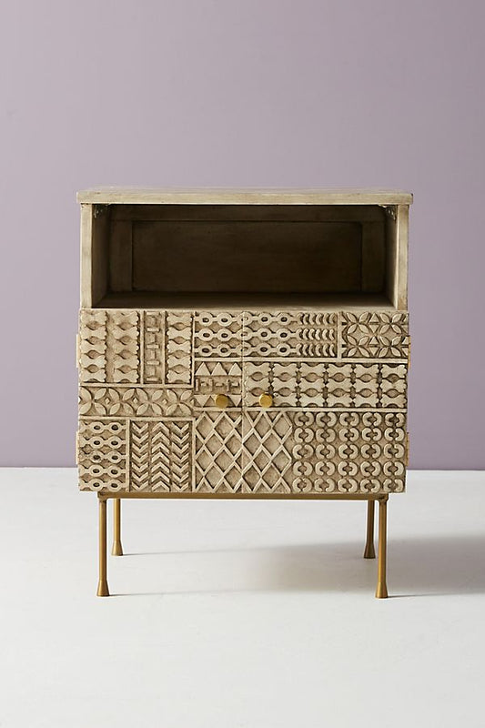 Mango Wood Bedside Table with Carved - Patchwork by Hibashi Furniture – handcrafted solid wood furniture made in India