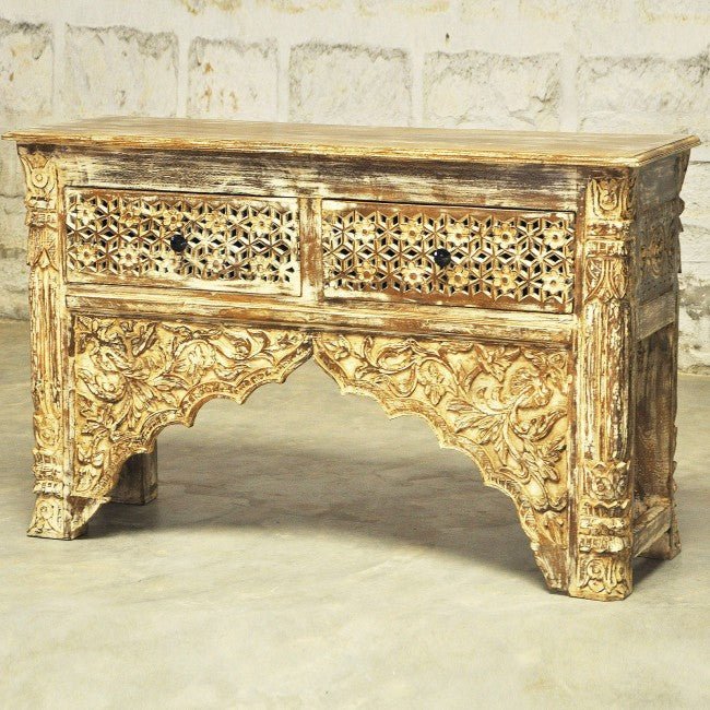 Mehrab Style Carved Hall Table with Drawers – handcrafted solid wood furniture