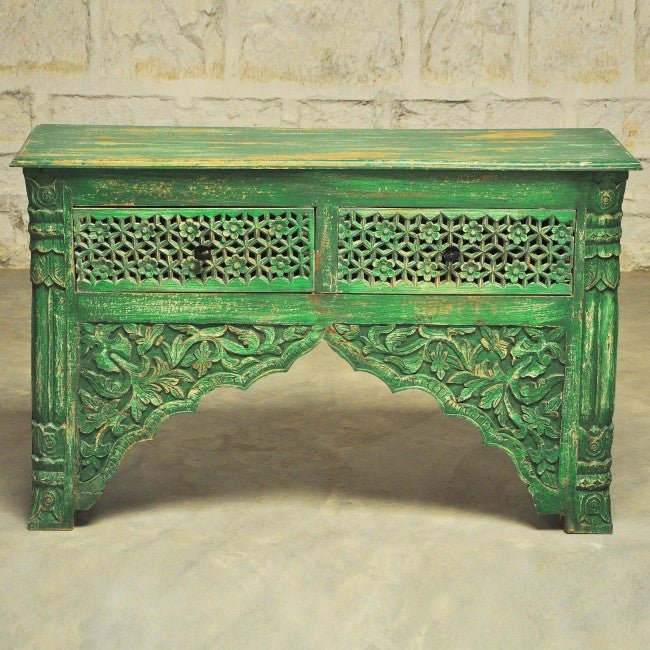 Mehrab Style Carved Hall Table with Drawers – handcrafted solid wood furniture