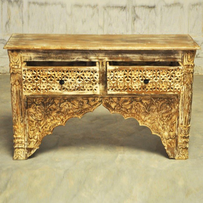 Mehrab Style Carved Hall Table with Drawers – handcrafted solid wood furniture
