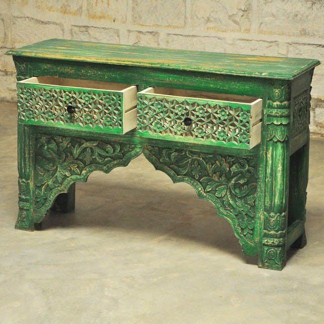 Mehrab Style Carved Hall Table with Drawers – handcrafted solid wood furniture