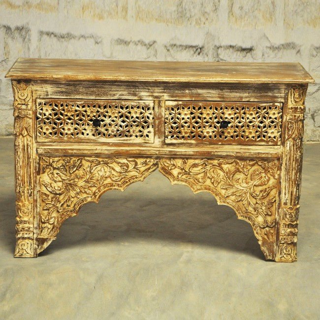 Mehrab Style Carved Hall Table with Drawers – handcrafted solid wood furniture