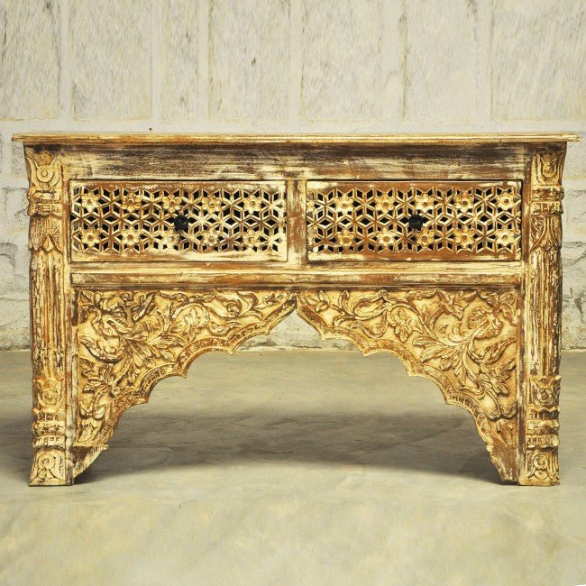 Mehrab Style Carved Hall Table with Drawers – handcrafted solid wood furniture