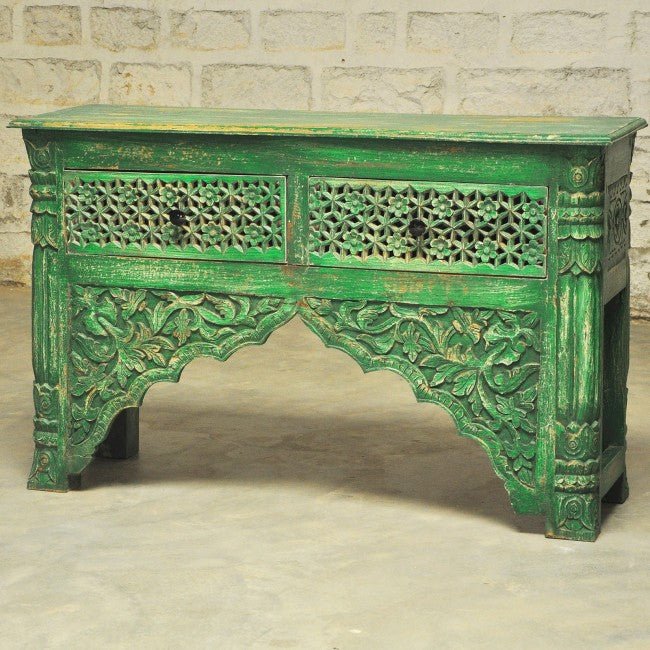 Mehrab Style Carved Hall Table with Drawers – handcrafted solid wood furniture