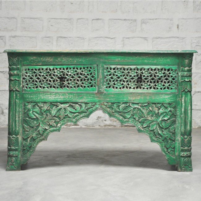 Mehrab Style Carved Hall Table with Drawers – handcrafted solid wood furniture