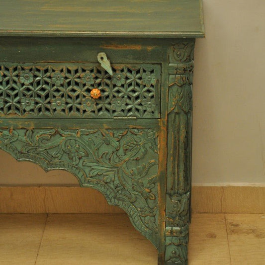 Mehrab Style Carved Hall Table with Drawers - Green by Hibashi Furniture – handcrafted solid wood furniture made in India