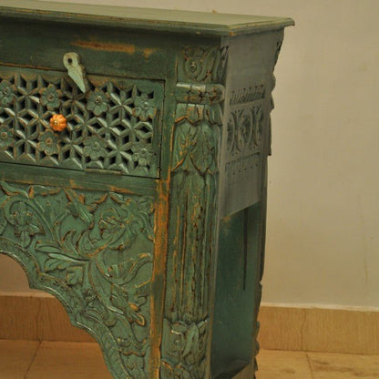 Mehrab Style Carved Hall Table with Drawers - Green – handcrafted solid wood furniture