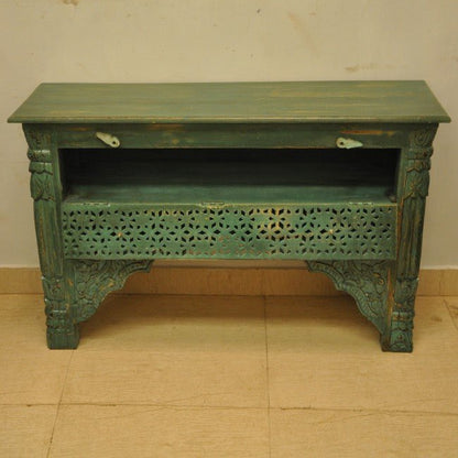 Mehrab Style Carved Hall Table with Drawers - Green – handcrafted solid wood furniture