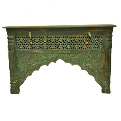 Mehrab Style Carved Hall Table with Drawers - Green – handcrafted solid wood furniture