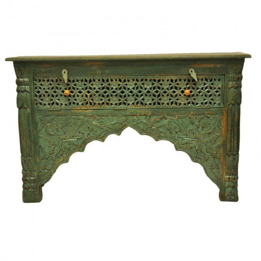Mehrab Style Carved Hall Table with Drawers - Green by Hibashi Furniture – handcrafted solid wood furniture made in India