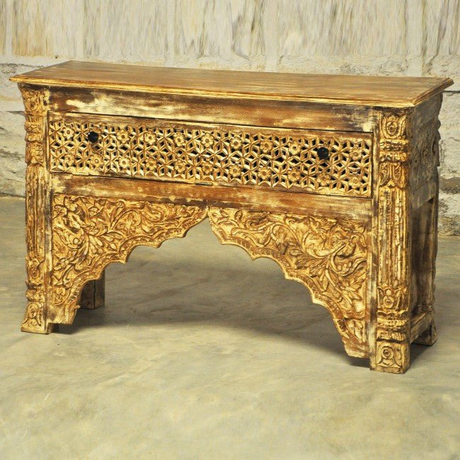 Mehrab Style Carved Hall Table with One Drawer by Hibashi Furniture – handcrafted solid wood furniture made in India