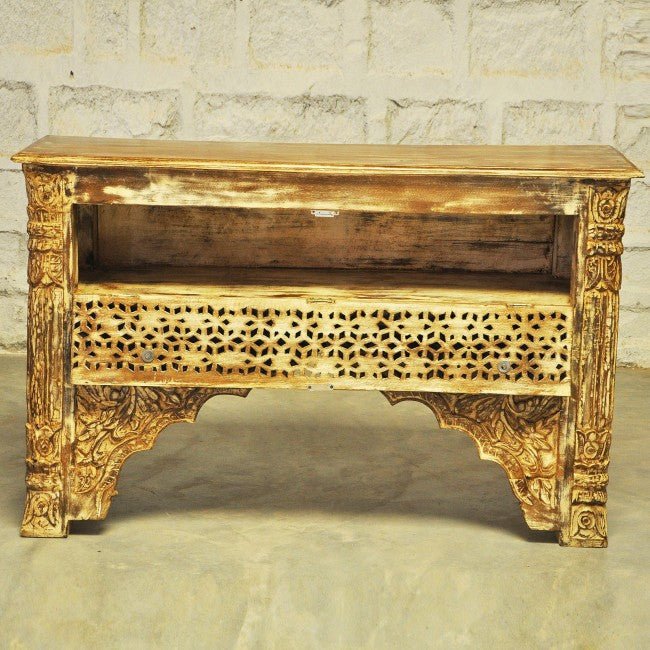 Mehrab Style Carved Hall Table with One Drawer by Hibashi Furniture – handcrafted solid wood furniture made in India