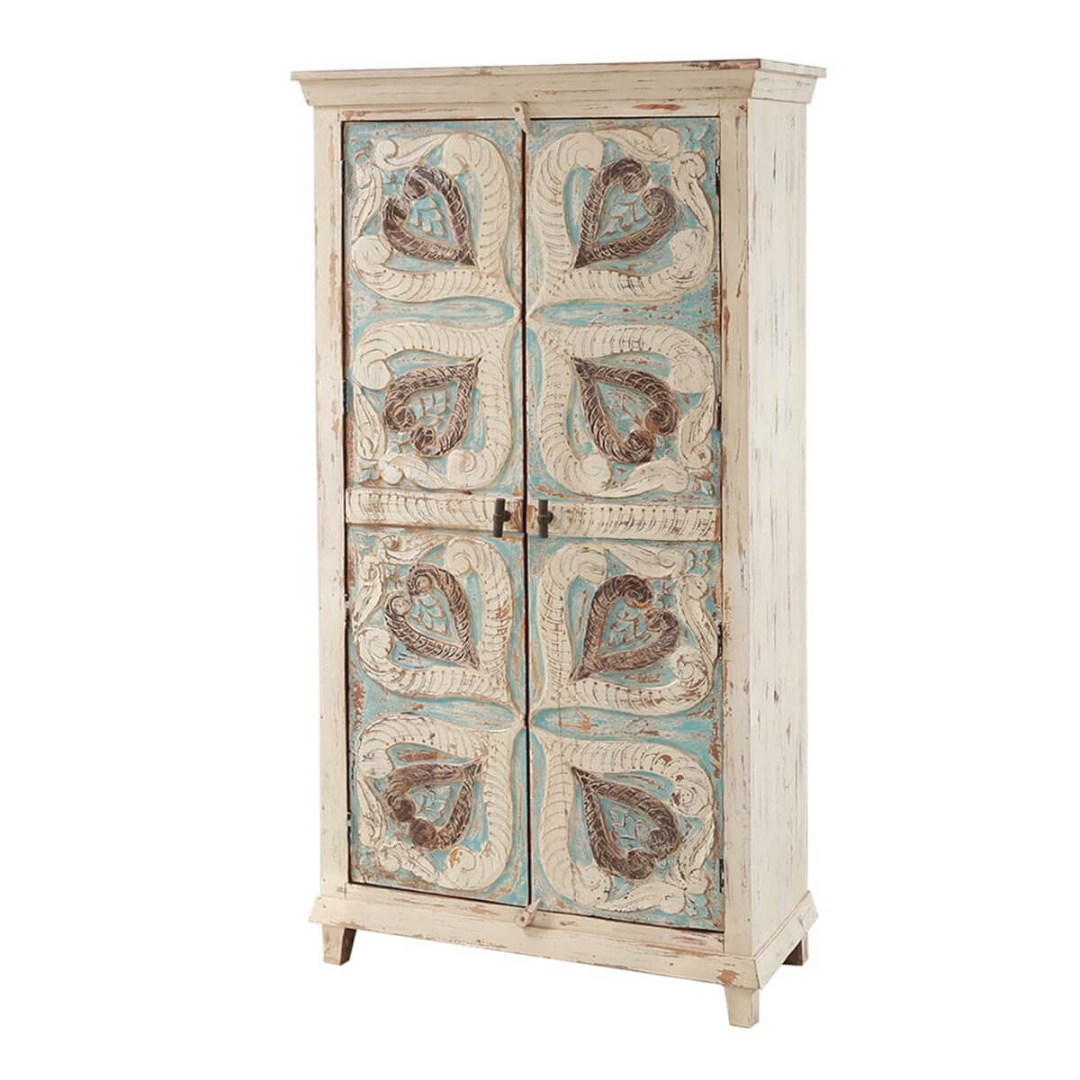 Mimosa Distressed White Hand - carved Solid Wood Vintage Armoire – handcrafted solid wood furniture
