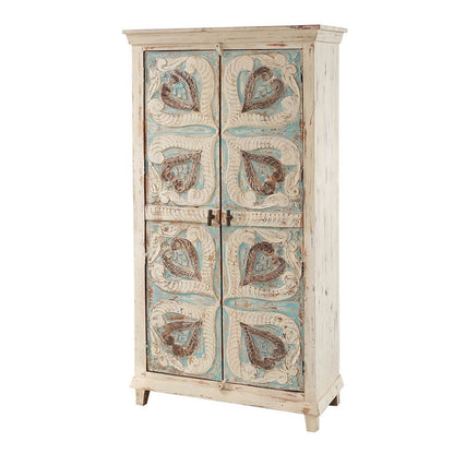 Mimosa Distressed White Hand - carved Solid Wood Vintage Armoire – handcrafted solid wood furniture