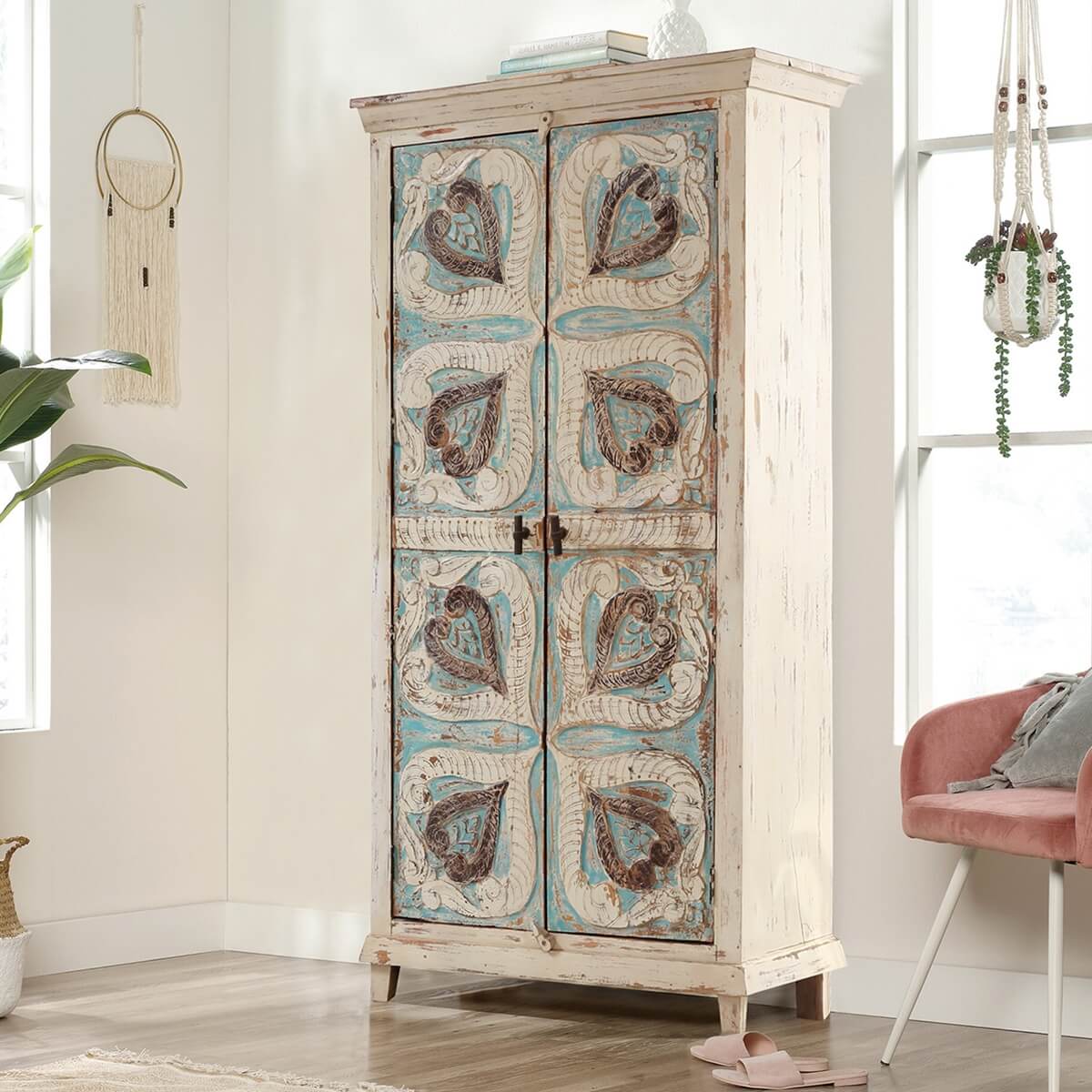 Mimosa Distressed White Hand - carved Solid Wood Vintage Armoire – handcrafted solid wood furniture