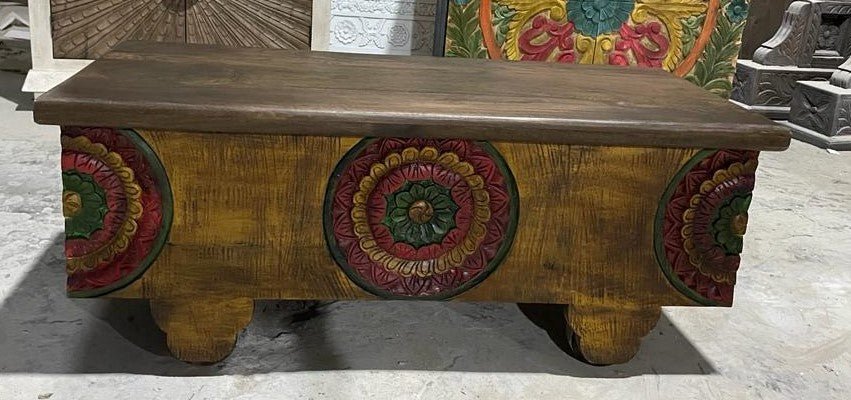 MIYA Antique Style Carved Wood Storage Trunk Coffee Table – handcrafted solid wood furniture