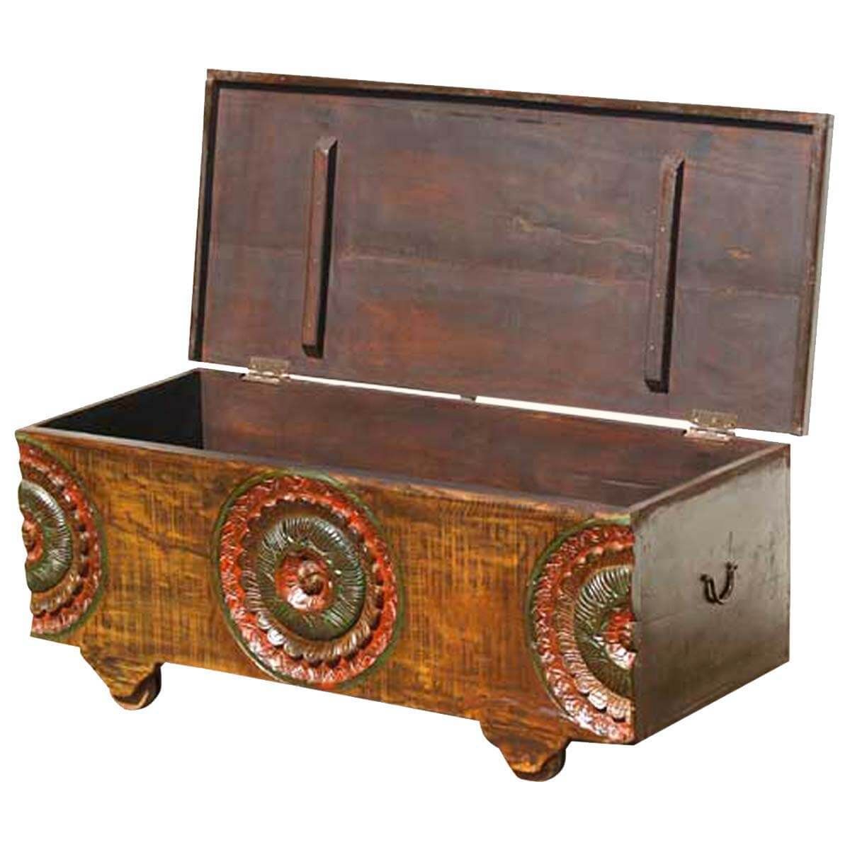 MIYA Antique Style Carved Wood Storage Trunk Coffee Table – handcrafted solid wood furniture