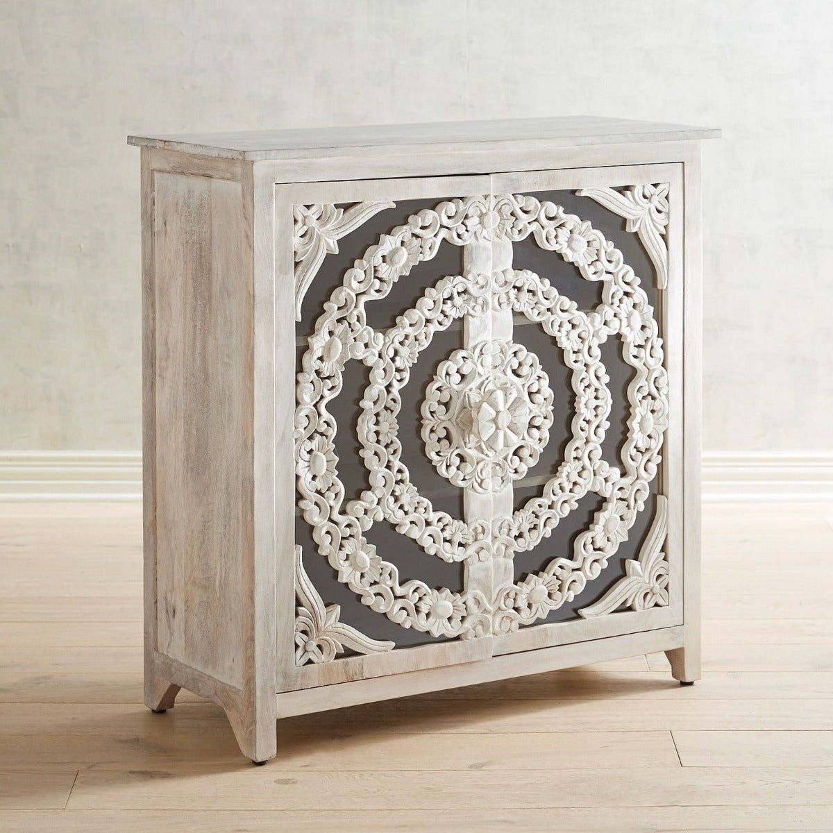 Modern Handcarved Indian Floral Arched Carved Glass Doors Sideboard by Hibashi Furniture – handcrafted solid wood furniture made in India