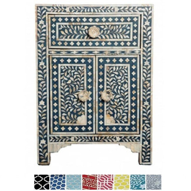 Mother of Pearl Bone Inlay Handmade Bedside Table – handcrafted solid wood furniture