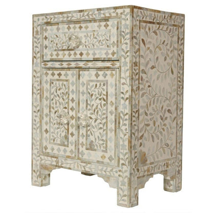 Mother of Pearl Bone Inlay Handmade Bedside Table by Hibashi Furniture – handcrafted solid wood furniture made in India