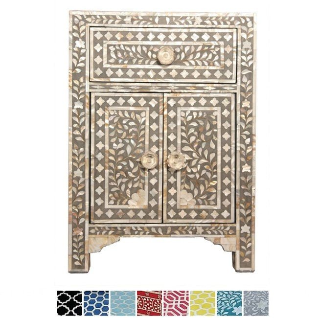 Mother of Pearl Bone Inlay Handmade Bedside Table – handcrafted solid wood furniture