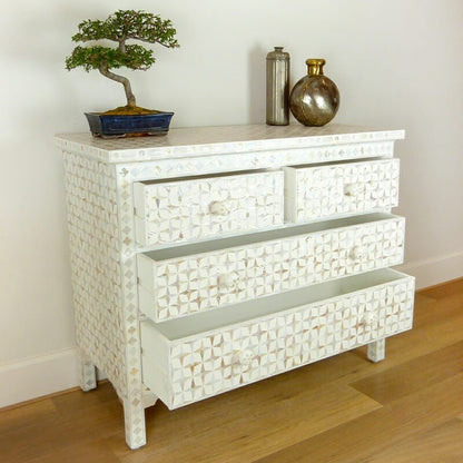 Mother of Pearl Star Geometrical Design 4 Drawer Chest – handcrafted solid wood furniture