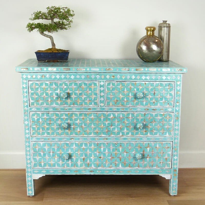 Mother of Pearl Star Geometrical Design 4 Drawer Chest – handcrafted solid wood furniture