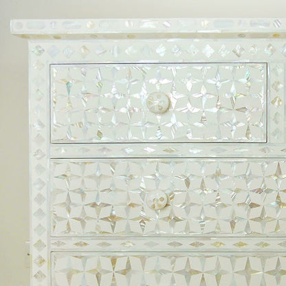 Mother of Pearl Star Geometrical Design 4 Drawer Chest – handcrafted solid wood furniture