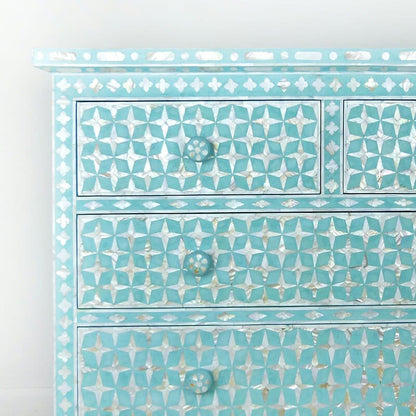 Mother of Pearl Star Geometrical Design 4 Drawer Chest – handcrafted solid wood furniture