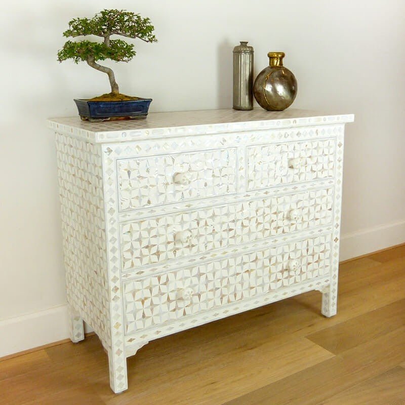 Mother of Pearl Star Geometrical Design 4 Drawer Chest – handcrafted solid wood furniture