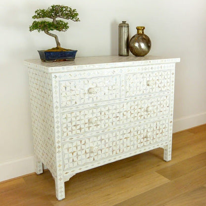 Mother of Pearl Star Geometrical Design 4 Drawer Chest – handcrafted solid wood furniture