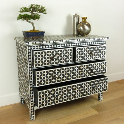 Mother of Pearl Star Geometrical Design 4 Drawer Chest – handcrafted solid wood furniture
