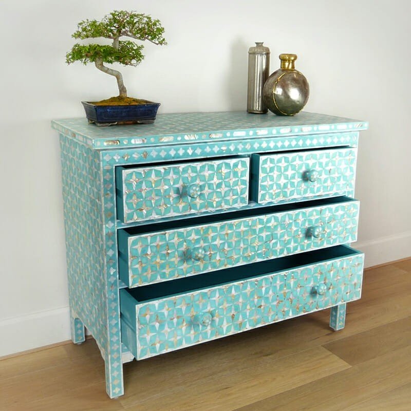 Mother of Pearl Star Geometrical Design 4 Drawer Chest – handcrafted solid wood furniture