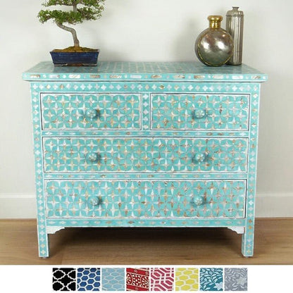 Mother of Pearl Star Geometrical Design 4 Drawer Chest – handcrafted solid wood furniture