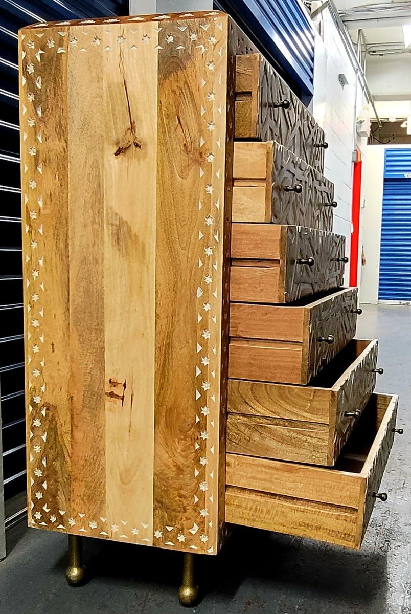 Mughal Garden Geometrical Carved Natural 2 Tone 6 Drawer Chest – handcrafted solid wood furniture